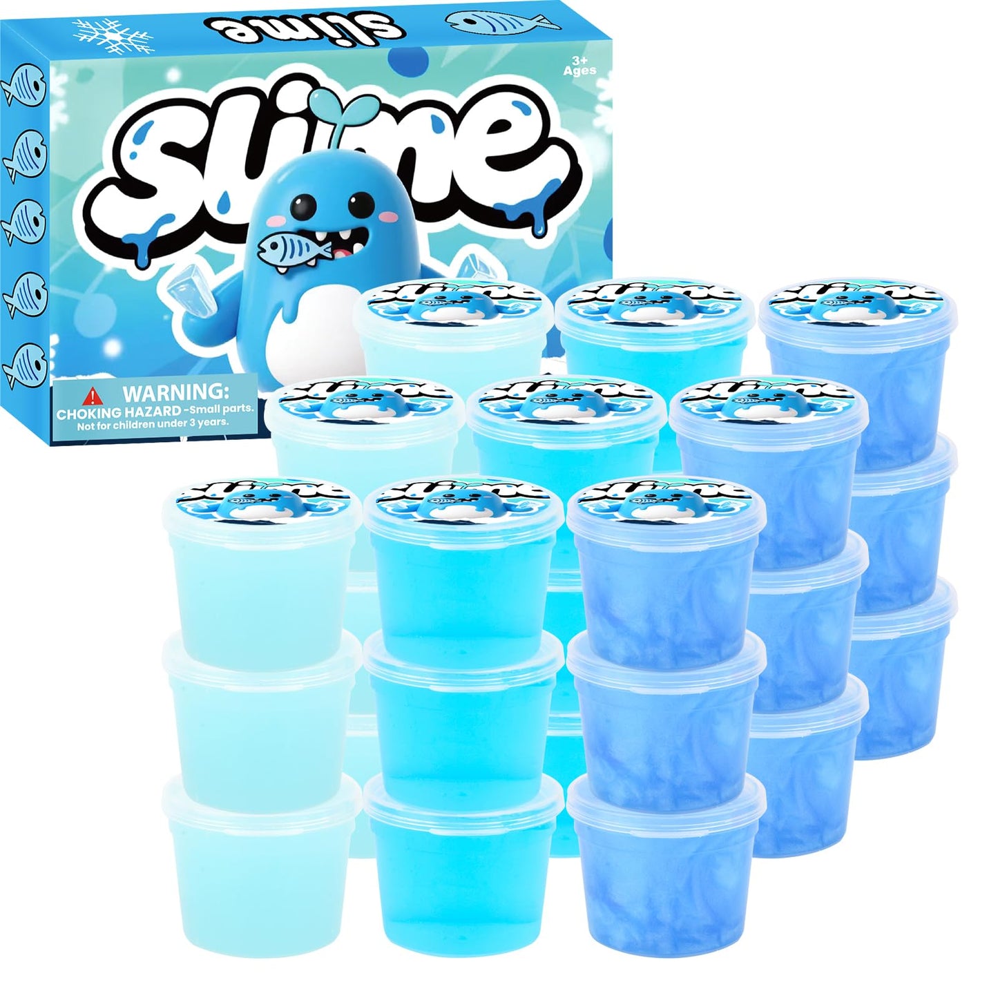 Set of 24 blue glow-in-the-dark slime containers by Bretohay, soft, stretchy DIY stress relief toys for kids' party favors and classroom supplies.