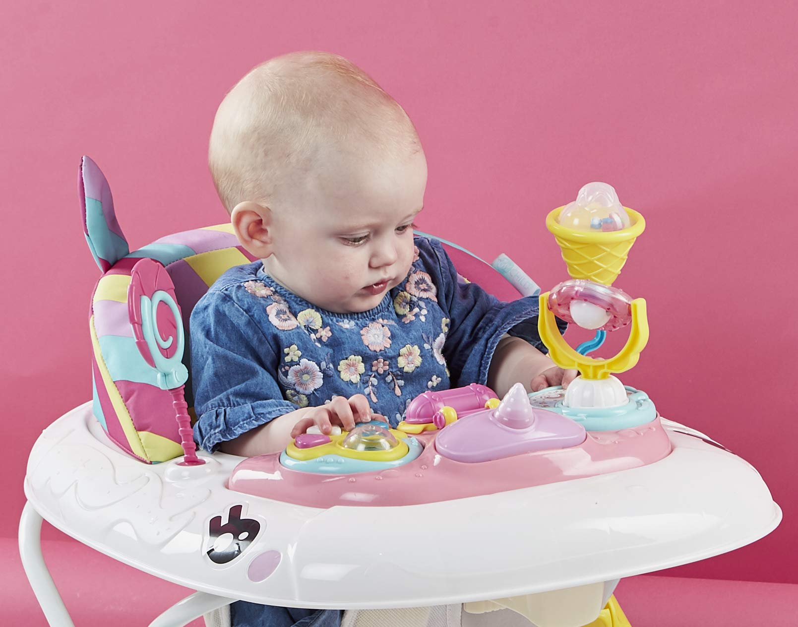 Pink Rainbow MyChild Unicorn 2-in-1 baby walker rocker with activity center, foldable frame, 3 height options, and safety blocks for 6 months+