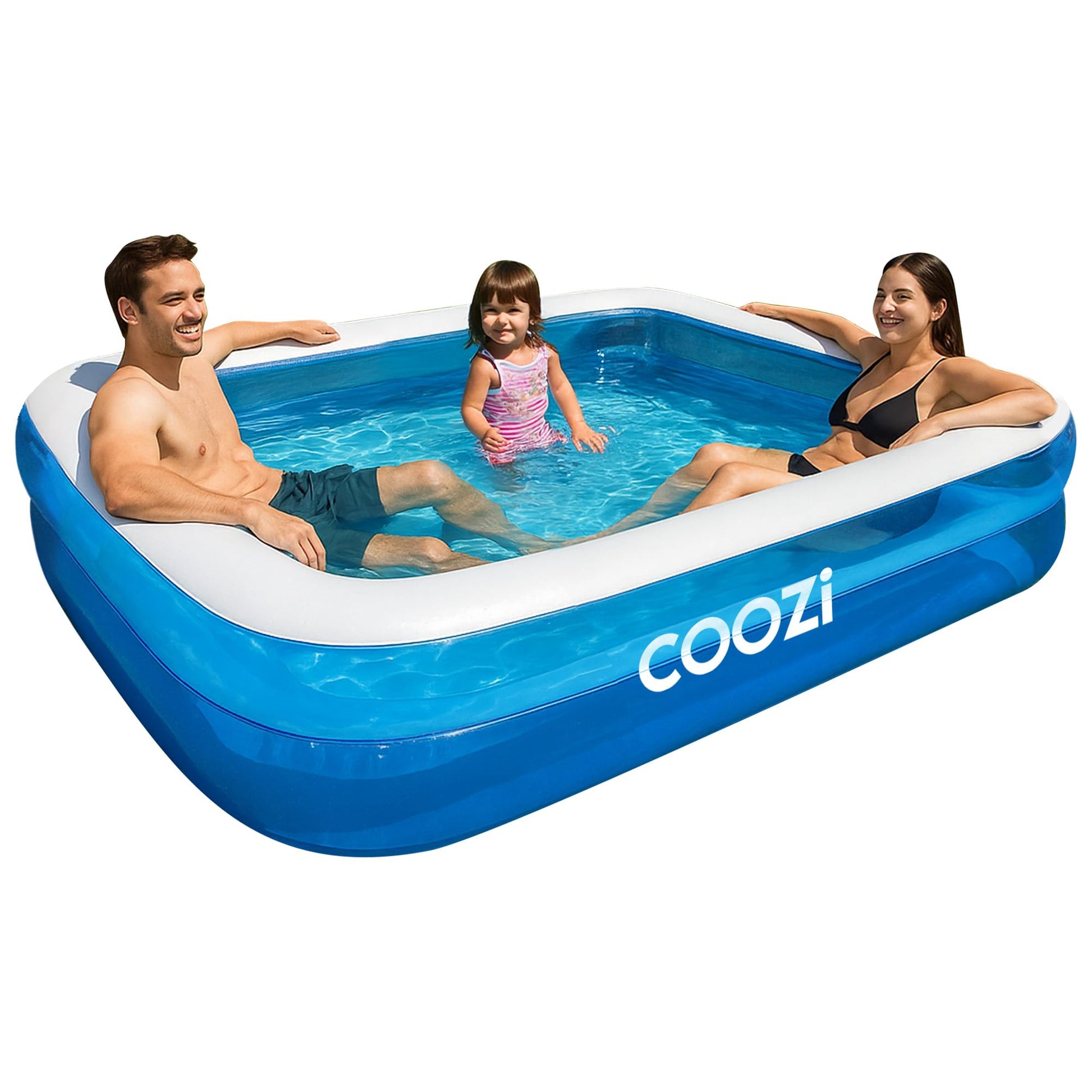 Large COOZi paddling pool, 2.6m inflatable rectangle pool for kids, toddlers, and adults, with repair patch for outdoor summer fun.