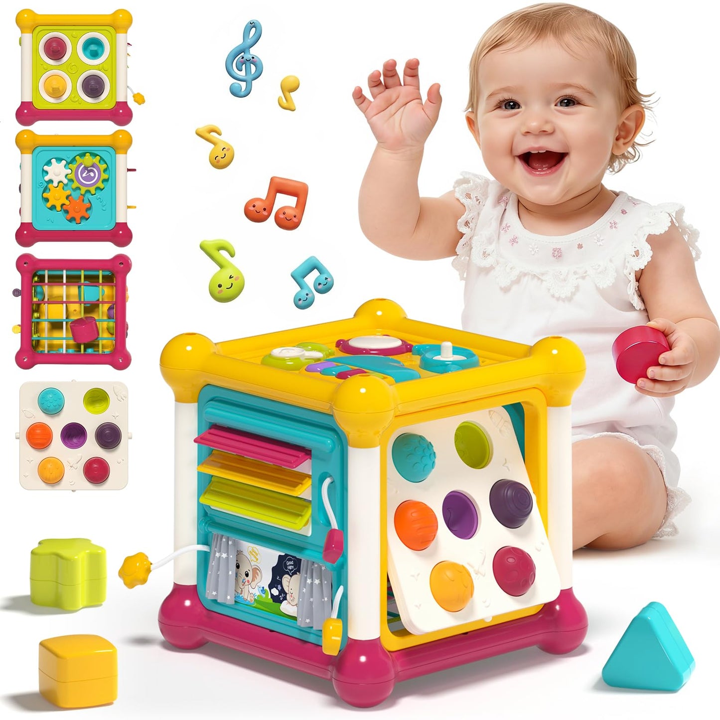 Colorful Imagibox activity cube baby toy with shape sorter, music busy board, pop-up bubbles, and sensory features for 6-12 months.