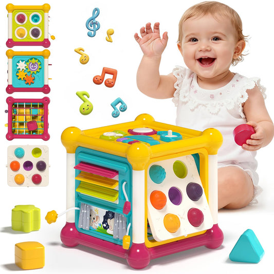Colorful Imagibox activity cube baby toy with shape sorter, music busy board, pop-up bubbles, and sensory features for 6-12 months.