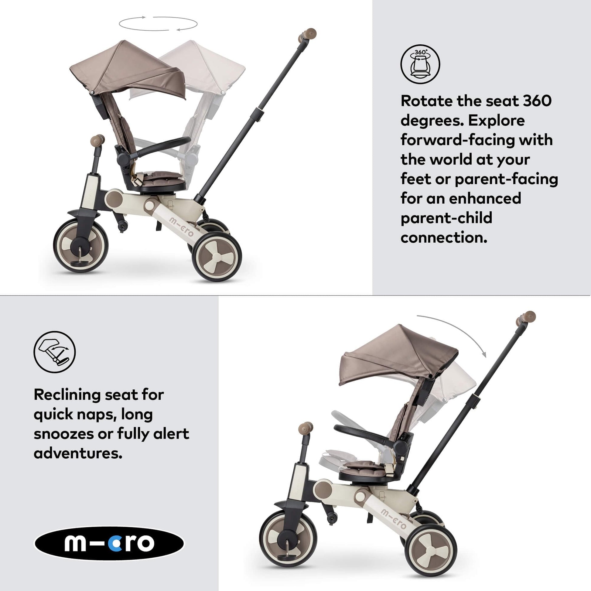 Micro FlexiTrike foldable toddler tricycle in latte brown with parent handle and 360-degree rotation for ages 6 months and up.