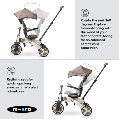 Micro FlexiTrike foldable toddler tricycle in latte brown with parent handle and 360-degree rotation for ages 6 months and up.