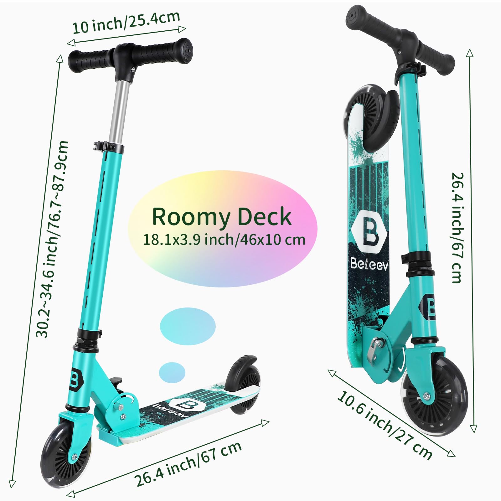 BELEEV kids' folding scooter with light-up wheels, adjustable stem, non-slip deck, suitable for children ages 3-12, lightweight design