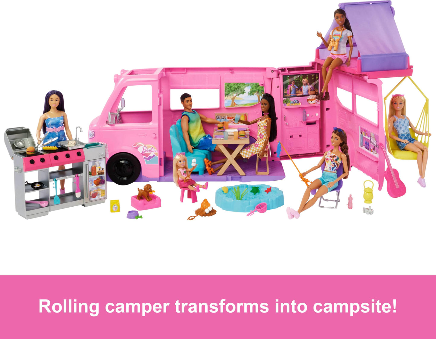 Barbie Dream Camper playset with roof tent, swing chair, fishing pond, BBQ grill, and 60+ accessories including dough.