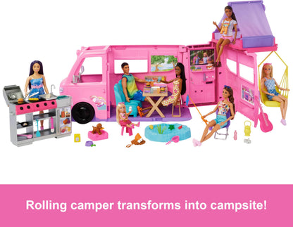 Barbie Dream Camper playset with roof tent, swing chair, fishing pond, BBQ grill, and 60+ accessories including dough.