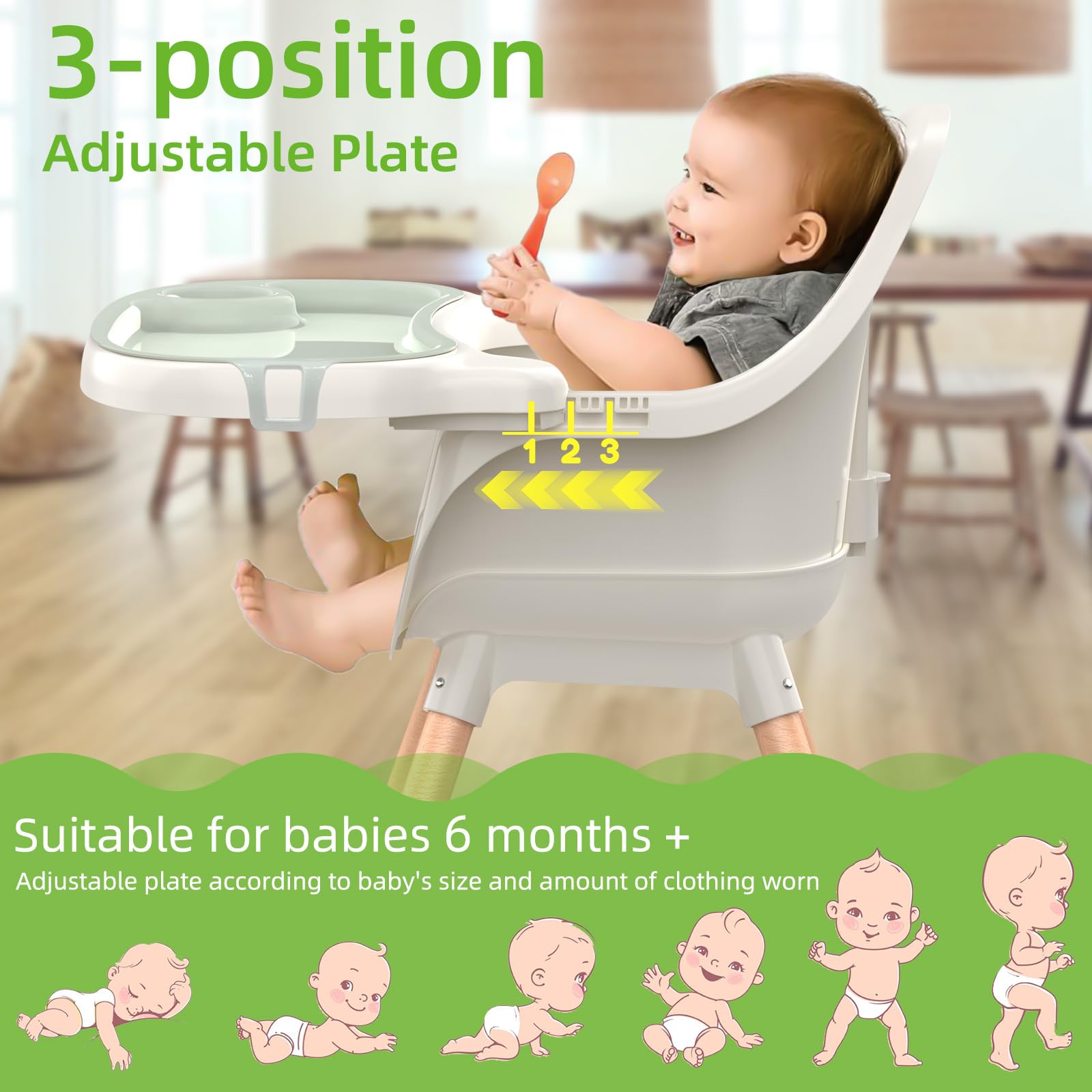 Green Sweetmirth 4-in-1 baby high chair with adjustable height, removable tray, ergonomic design, suitable for ages 6 months to 5 years.