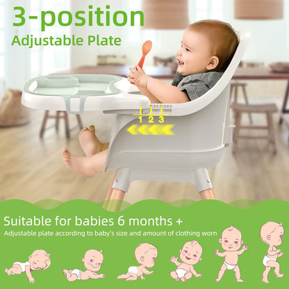 Green Sweetmirth 4-in-1 baby high chair with adjustable height, removable tray, ergonomic design, suitable for ages 6 months to 5 years.