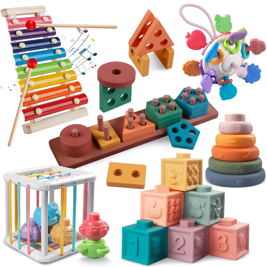 Baby Toys for 6 to 12 Months, Montessori Toys for Babies 6 Months -3 Year Old, 6 in 1 Wooden Sorting and Stacking Blocks Activity Cube Sensory Toy, Learning Baby Toys Gift for 6 7 8 9 12 Months