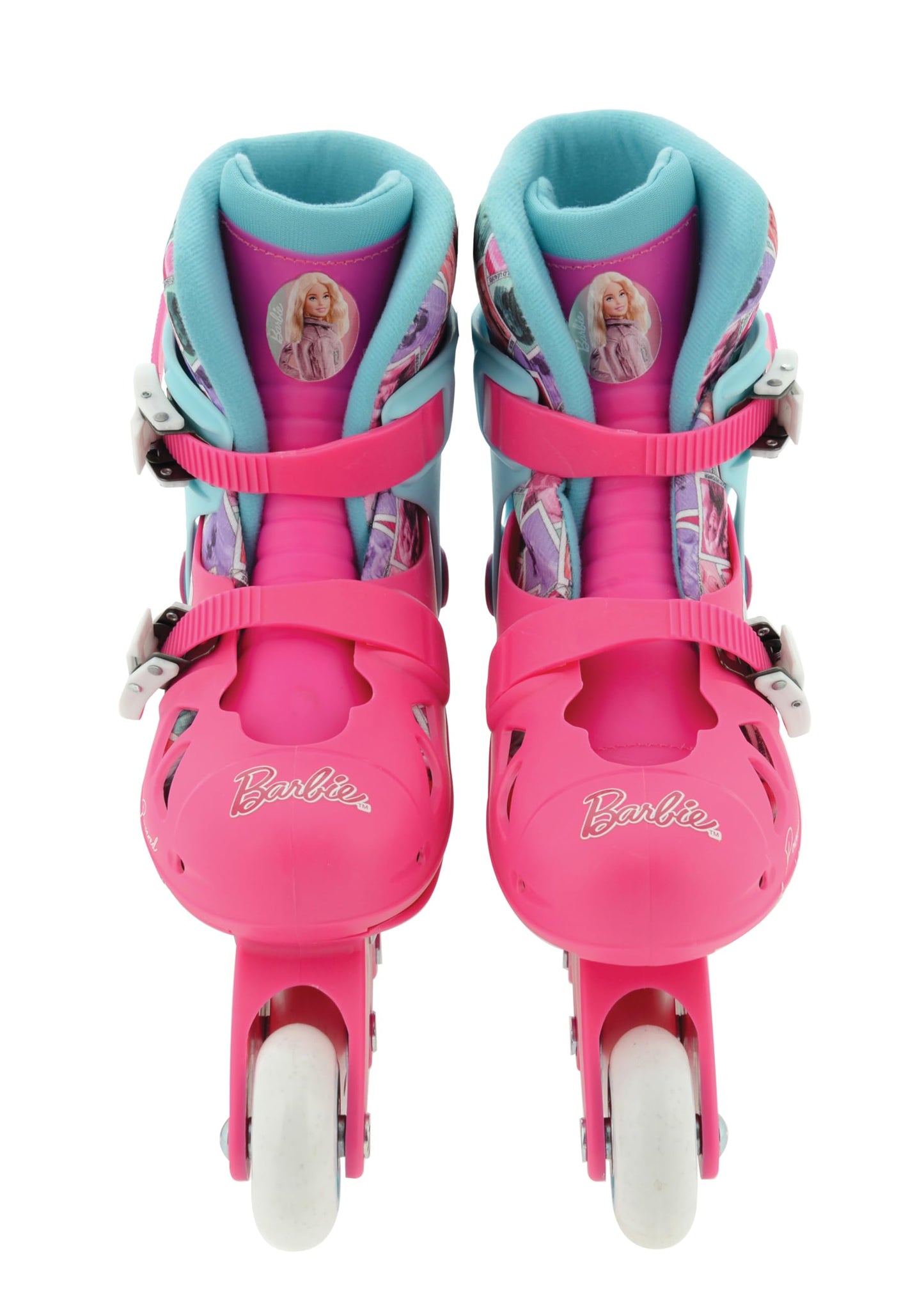 Barbie-themed M.V. Sports inline skates with adjustable fit, pivoting heel cuff, durable construction, designed for kids' shoe sizes 13-3