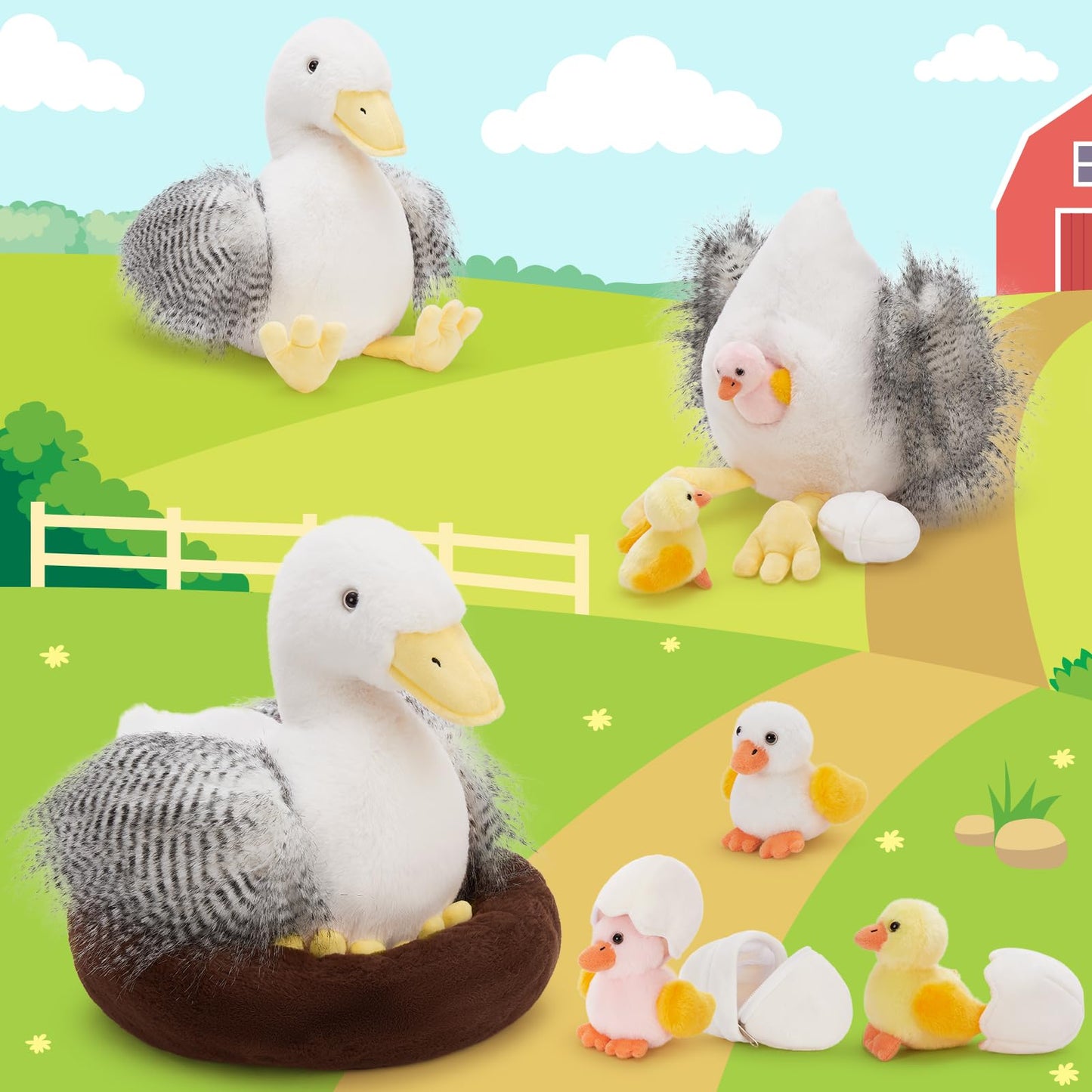 MorisMos Big Duck Teddy Soft Toy, 35cm Mom with Cuddly Ducklings Baby, Giant Fluffly Duck Stuffed Animal Realistic Kawaii Plush Gift for Kids Birthday Deco