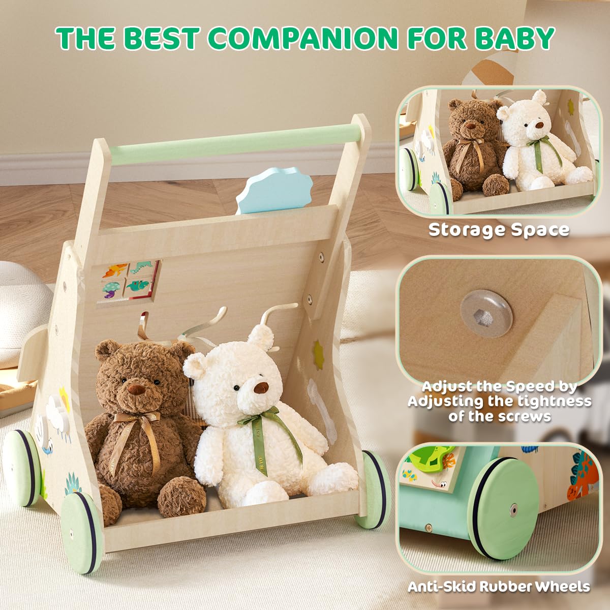 TERRAMUS Wooden Baby Walker with dinosaur design, toddler push toy, Montessori activity center for developing motor skills in infants.