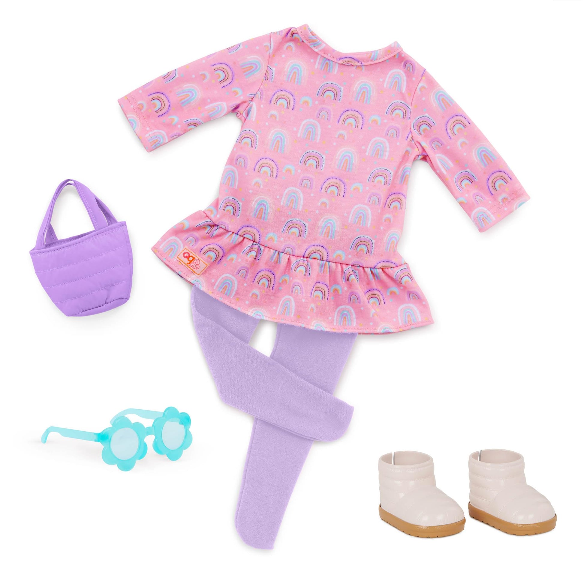 Colorful rainbow-print dress and accessories from Our Generation for 18-inch fashion girl dolls in a 5-piece set.