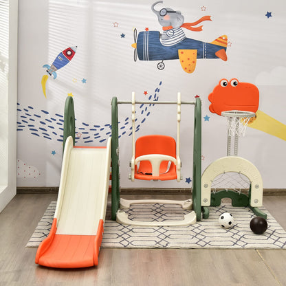 COSTWAY 6 in 1 Toddler Slide and Swing Set, Kids Climber Playset with Adjustable Basketball Hoop, Football Goal and Golf Hole, Children Activity Center for Indoor