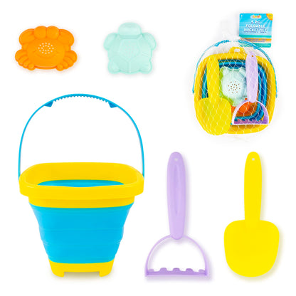 abeec 5 Piece Foldable Beach Bucket Set – Collapsible Sand Bucket & Sandpit Toys – Ideal Beach, Outdoor, Water, and Sand Toys for Kids