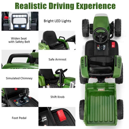Dark green COSTWAY ride-on tractor and trailer for kids, 12V battery, LED lights, remote control, USB, Bluetooth music, four wheels