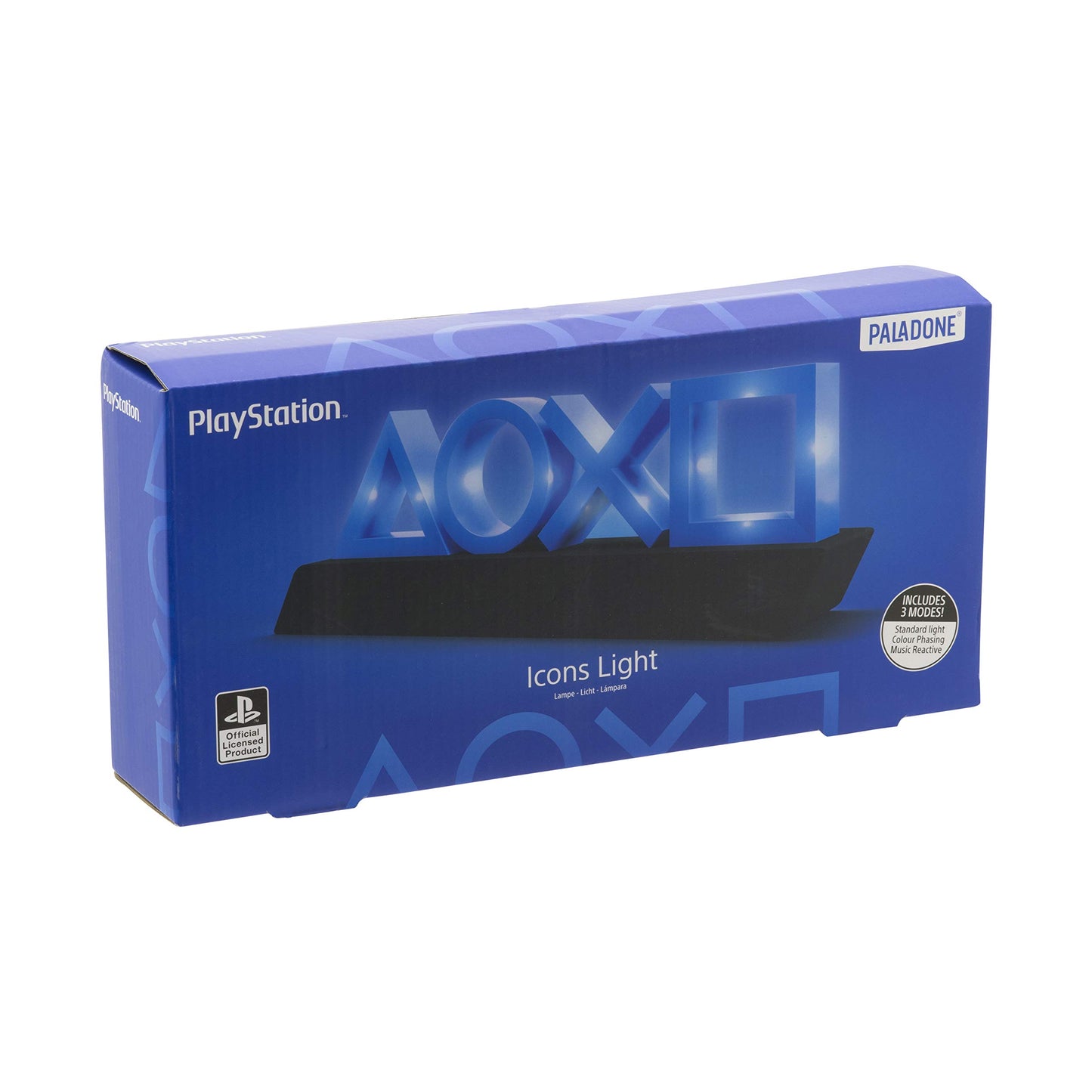 Paladone PlayStation 5 Icons Light displaying colorful game mode and music reactive lighting in a gaming room setting