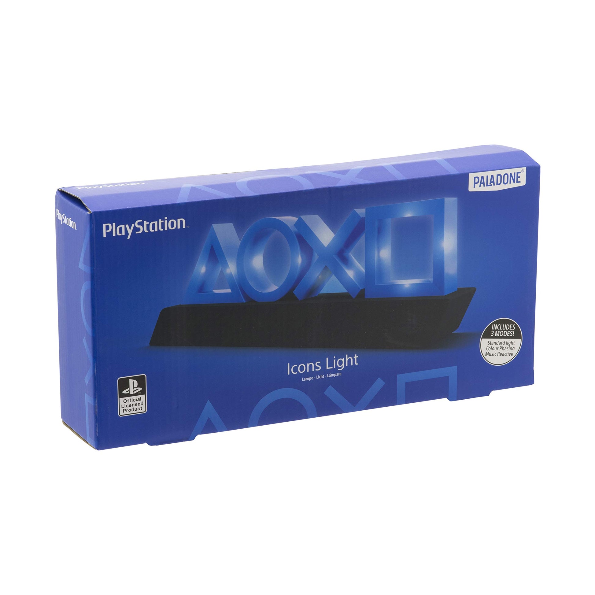 Paladone PlayStation 5 Icons Light displaying colorful game mode and music reactive lighting in a gaming room setting