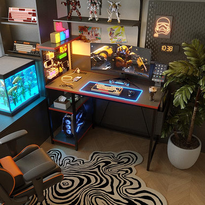 Xyphren Gaming Desk 100 x 50 cm with Pegboard & Power Outlet & LED Light, Small Computer Desk with Reversible Shelves for Corner Home Office Desk, Black