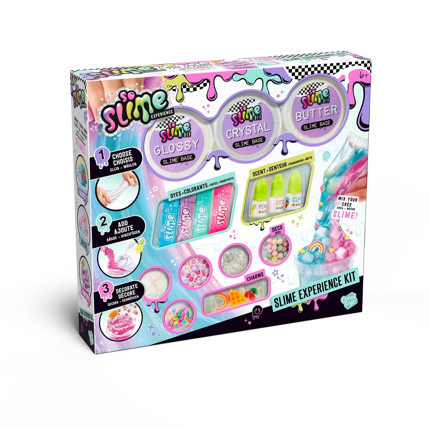 Canal Toys So Slime Premium DIY slime kit with clear, butter, and glossy slime, dyes, scents, and decorations for kids aged 6+.