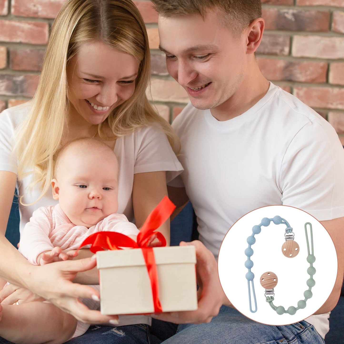 EYOGO silicone dummy clip set with wooden accents, fits most pacifiers and teething toys, includes one clay and one dark grey clip.