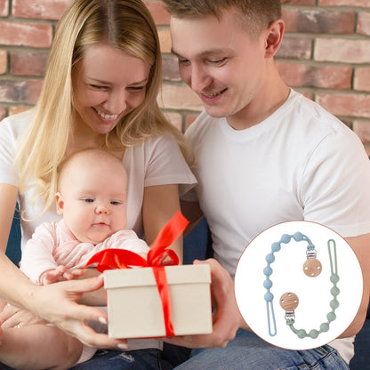 EYOGO silicone dummy clip set with wooden accents, fits most pacifiers and teething toys, includes one clay and one dark grey clip.