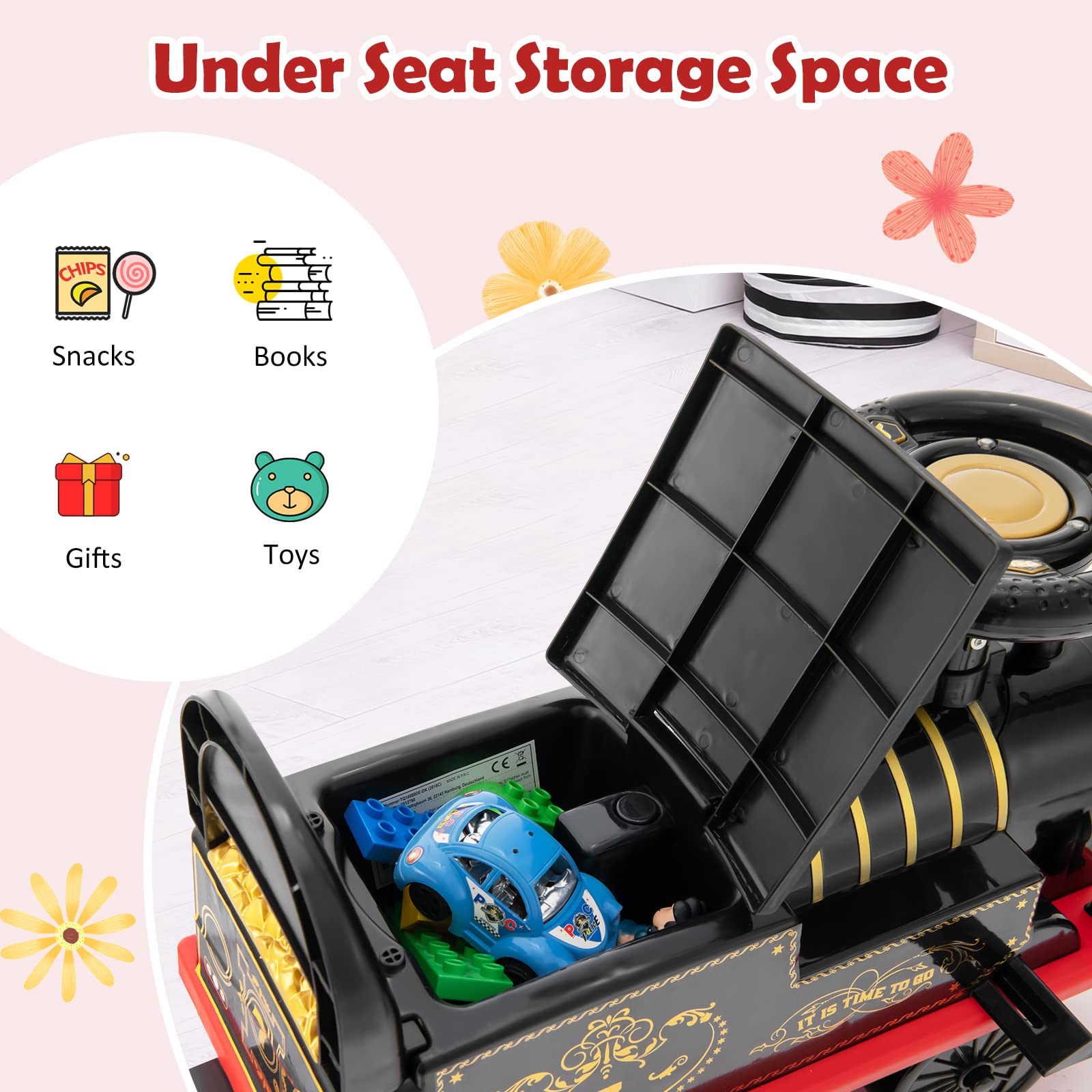 COSTWAY kids electric ride-on train in black with flashing lights, music, tracks, and storage seat, designed for toddlers.