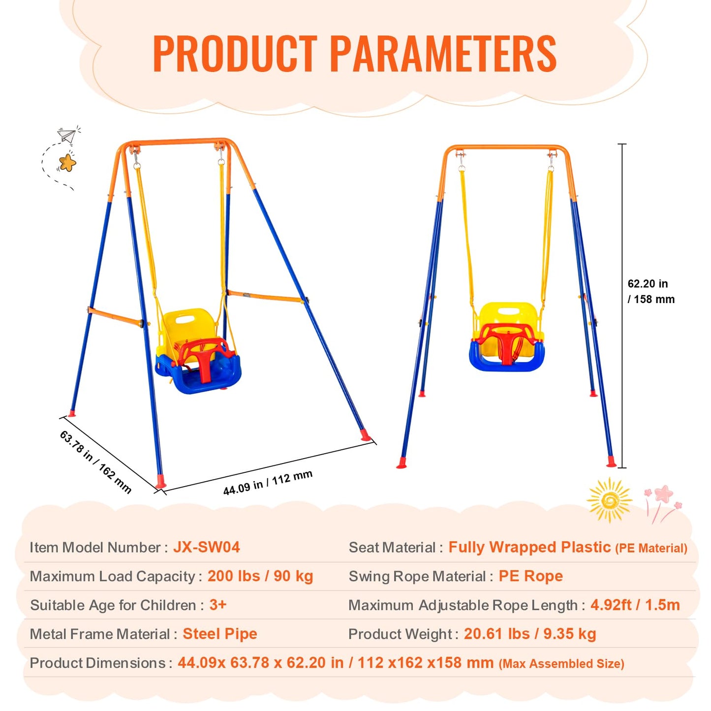 VEVOR Swing Sets for Backyard, 3-in-1 Toddler Swing Set with 4 Sandbags, Foldable Metal Stand, Easy to Assemble, Swingset Indoor/Outdoor for Kids Aged 3+