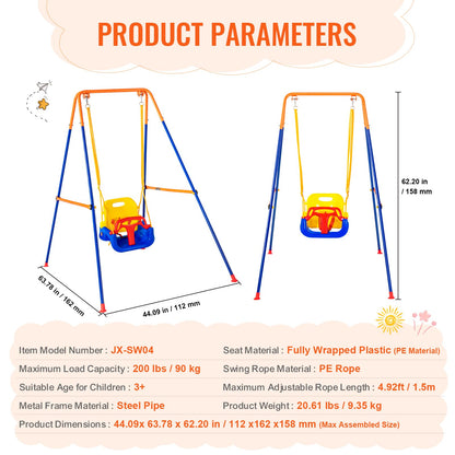 VEVOR Swing Sets for Backyard, 3-in-1 Toddler Swing Set with 4 Sandbags, Foldable Metal Stand, Easy to Assemble, Swingset Indoor/Outdoor for Kids Aged 3+