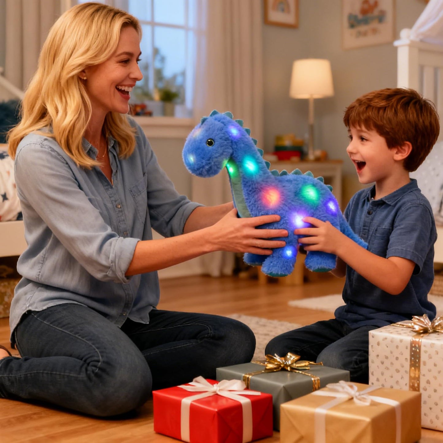 Hopearl LED Musical Stuffed Dinosaur Light up Singing Diplodocus Soft Plush Toy with Long Neck Adjustable Volume Lullaby Animated Soothe Gifts for Kids Toddlers, Blue, 16''