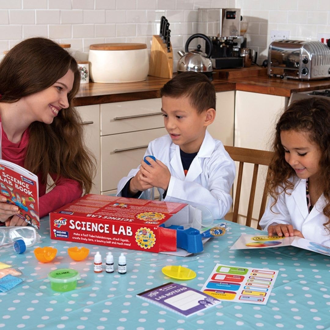 Galt Science Lab kit for kids with colorful tools and materials for STEM experiments, including kaleidoscope, lava, and bouncy ball activities.