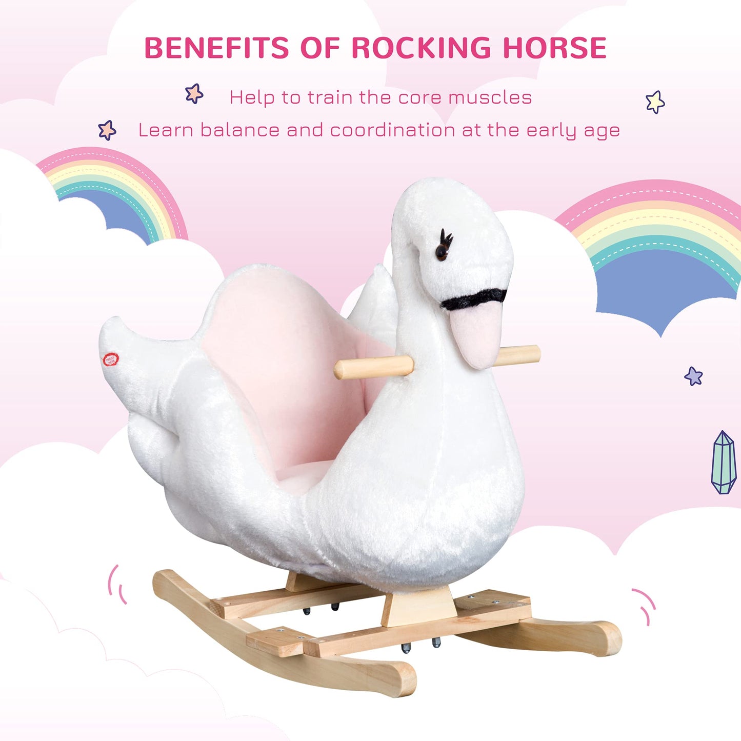 HOMCOM Kids Rocking Horse Plush Ride On Swan Toy w/Safety Seat for Toddler 18 Months +, White and Pink