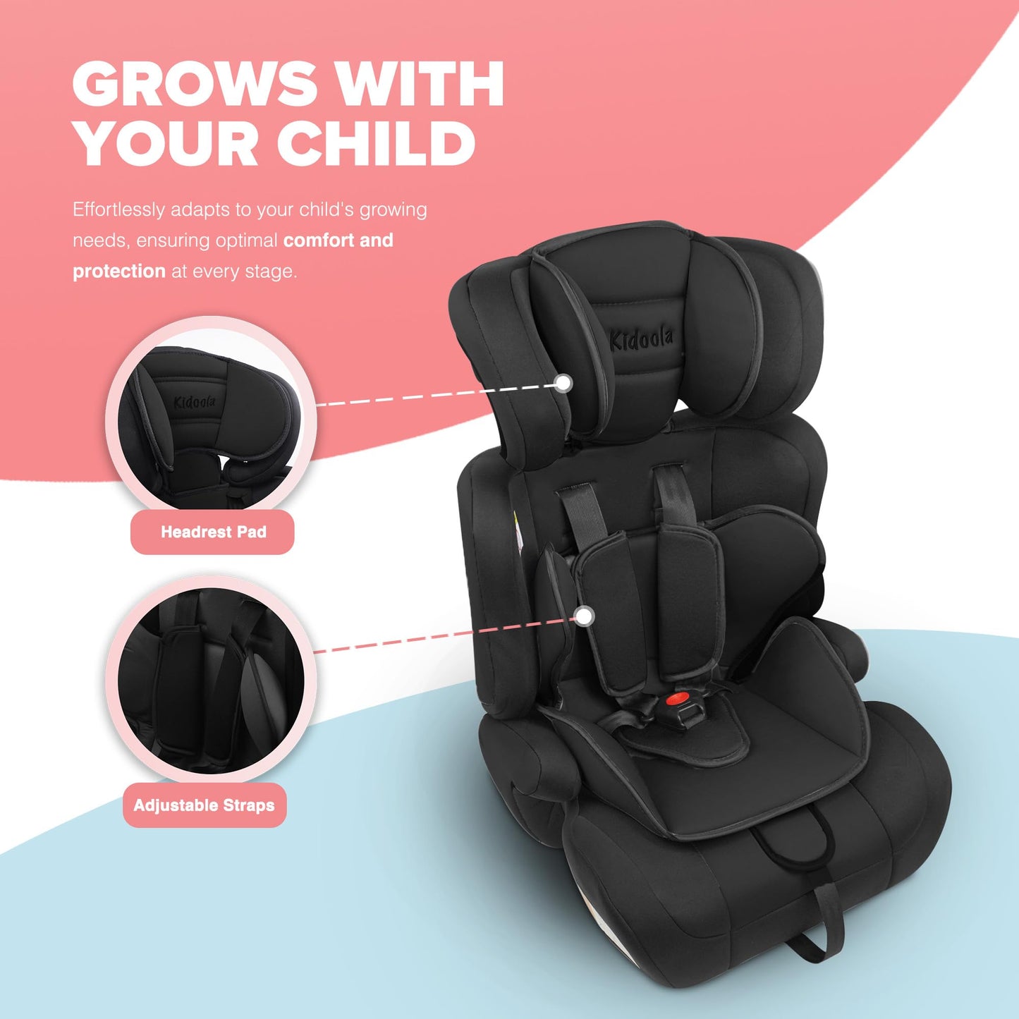 Kidoola Adjustable Car Seat for Toddlers & Children - Safety Certified Booster Seat, Padded & Comfortable with 3 Adjustable Age Functions & Straps, Up to 12 Years - ECE R44/04 (Black)