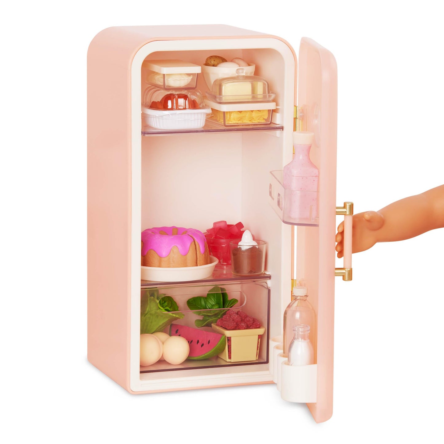 Our Generation pink mini fridge for dolls with play food accessories, designed for realistic play and imaginative fun.