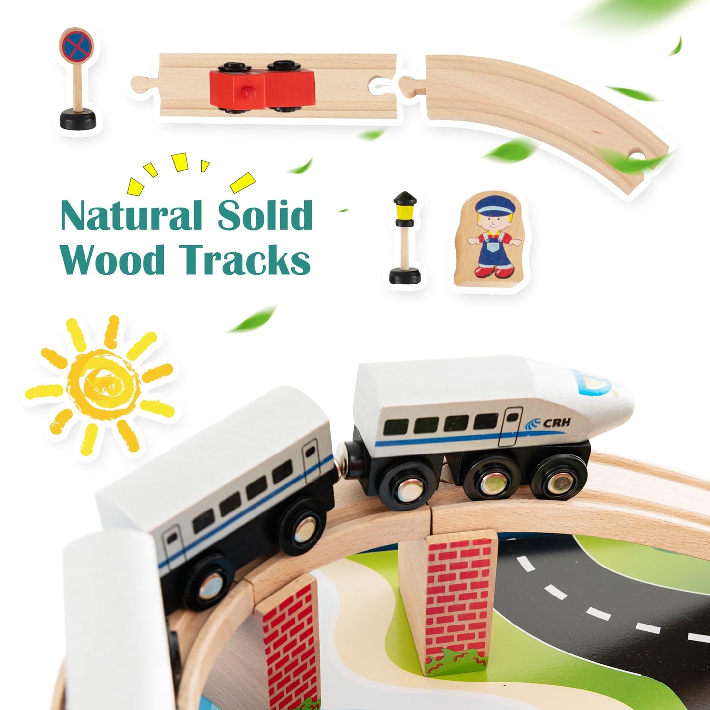 COSTWAY Train Track Set and Table, Wood Kids Play Tables with Abundant Accessories, DIY Railway Activity Playset for Boys Girls