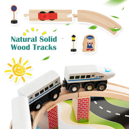 COSTWAY Train Track Set and Table, Wood Kids Play Tables with Abundant Accessories, DIY Railway Activity Playset for Boys Girls