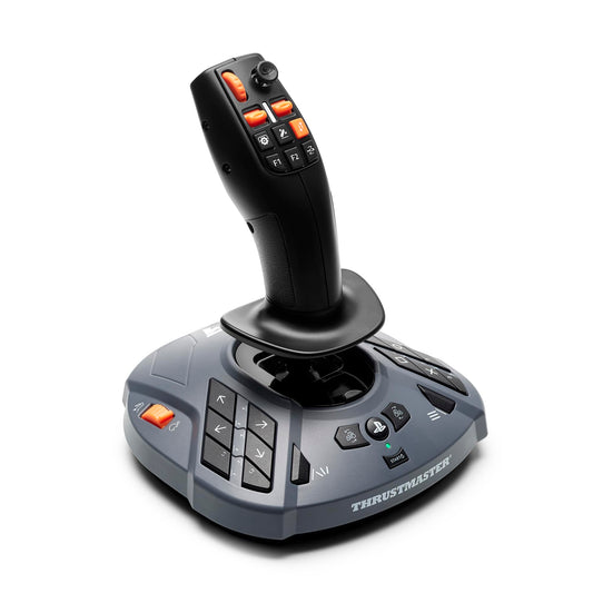 Thrustmaster SimTask FarmStick multifunctional farming joystick for PS5 and PC, with multiple control buttons and ergonomic design.