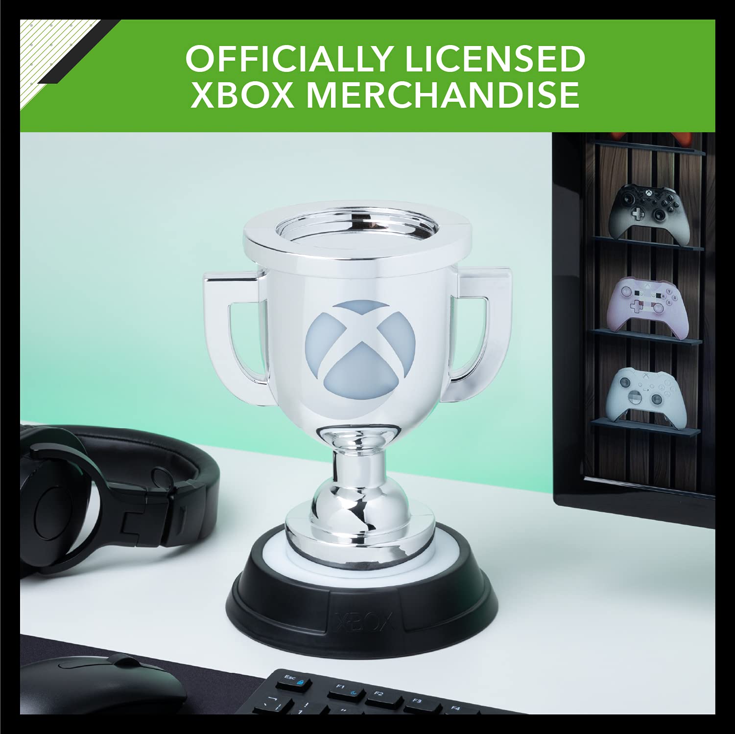 Silver XBOX Paladone Achievement Light displaying the Xbox logo with a sleek design and illuminated effect.