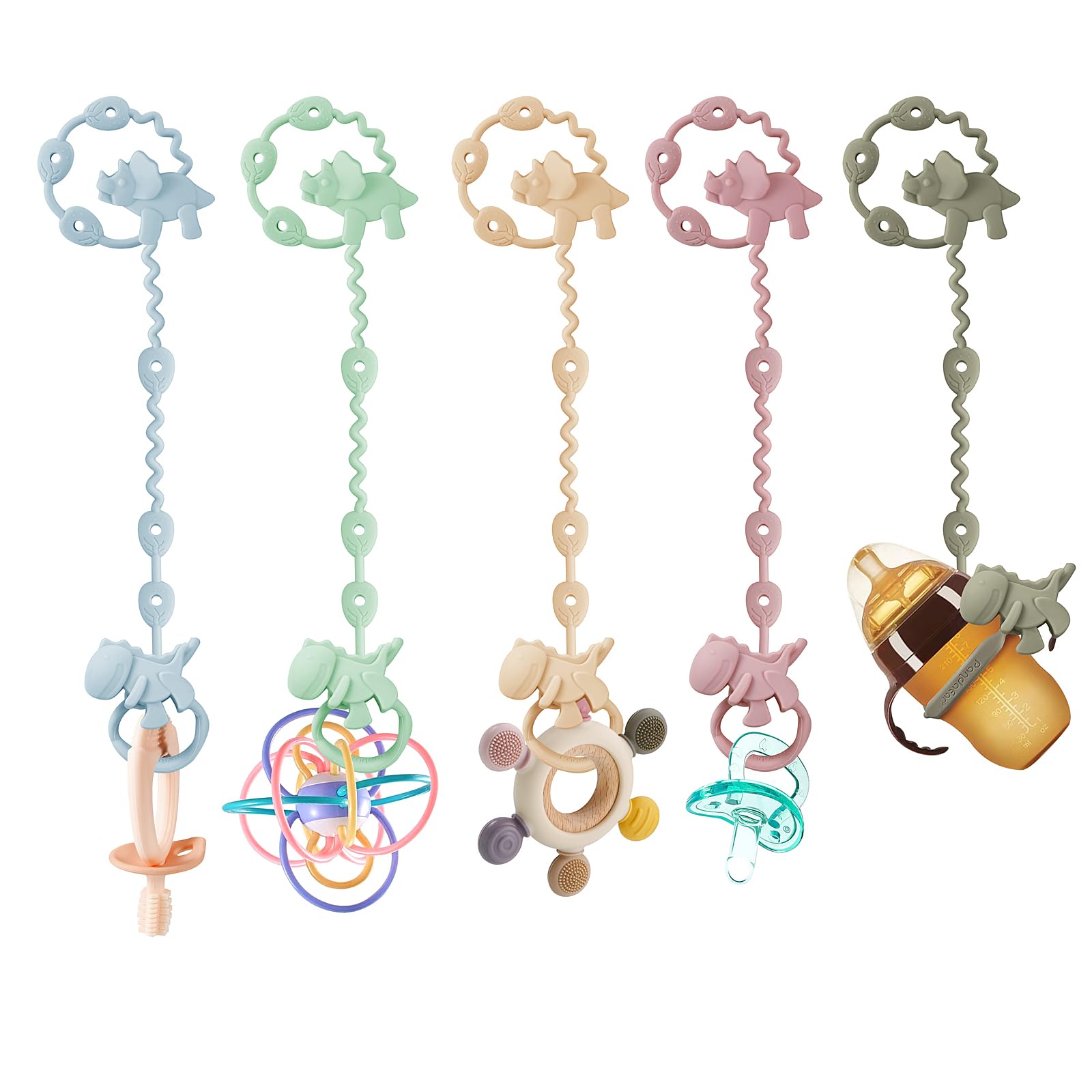 PandaEar silicone baby toy straps with dinosaur design, adjustable pacifier holder clips for bottles, strollers, high chairs, and cribs