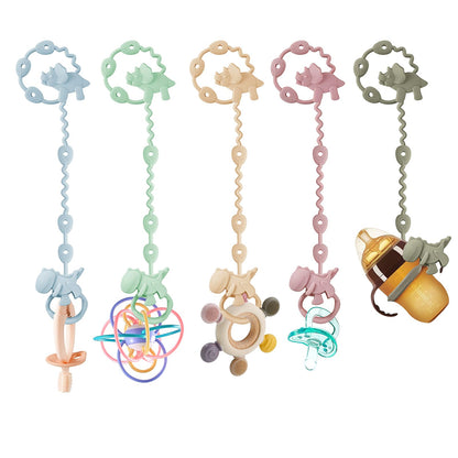 PandaEar silicone baby toy straps with dinosaur design, adjustable pacifier holder clips for bottles, strollers, high chairs, and cribs