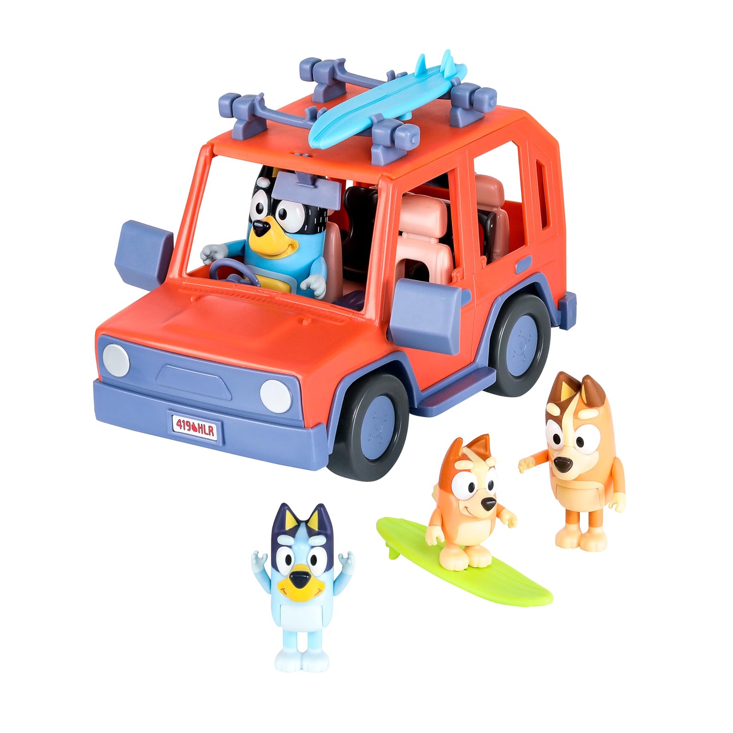 Bluey Heeler Family 4WD Vehicle and 4 Figure Pack, 2.5-3 Inch Figures, 2 Surfboards Accessories and Stickers Amazon Exclusive