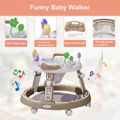 RuguAini 360° rotating baby walker in khaki with foldable, height-adjustable frame, silent wheels, and music for toddlers 6-24 months