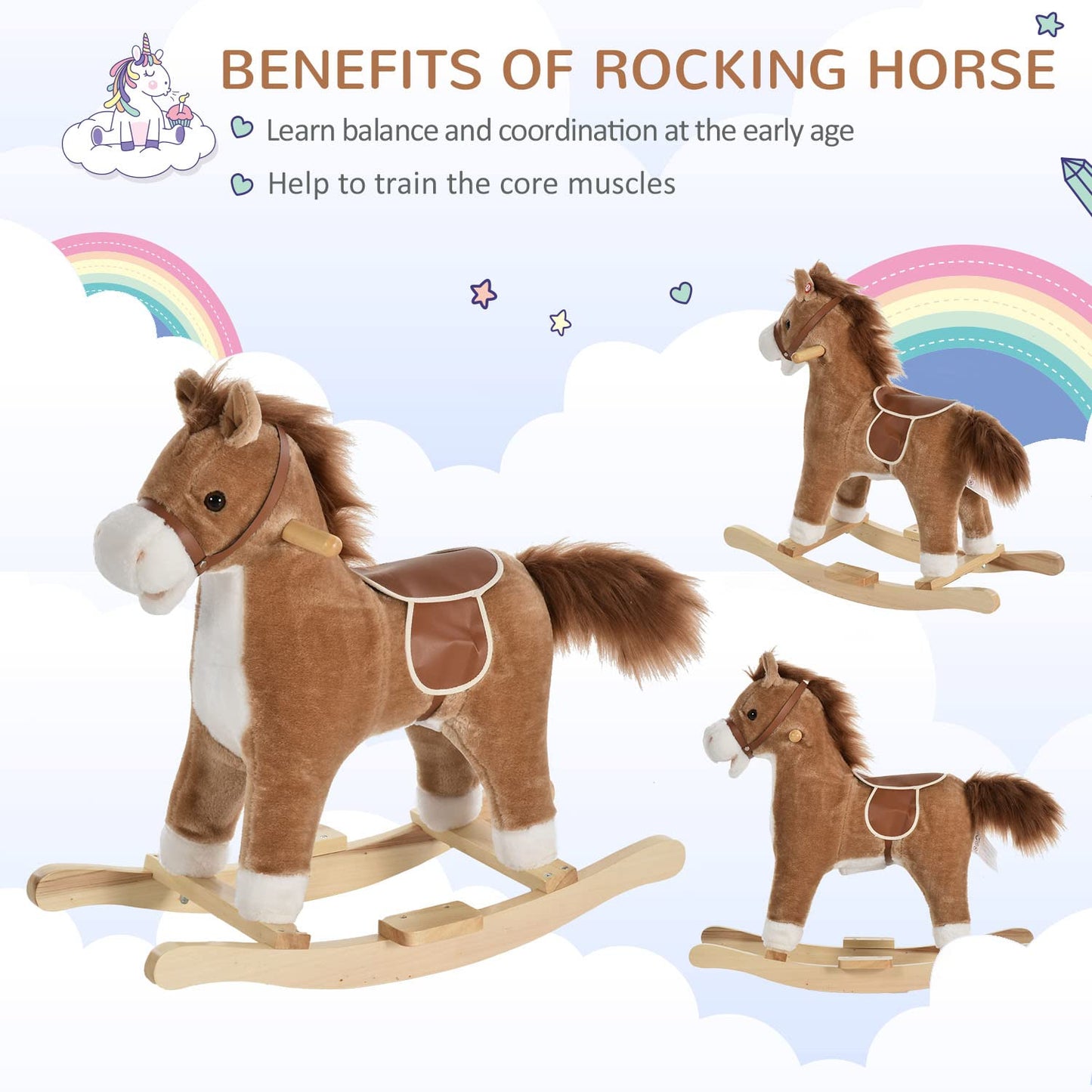 HOMCOM Kids Plush Rocking Horse w/Sound Moving Mouth Wagging Tail Children Rocker Ride On Toy Gift 3-6 Years Brown