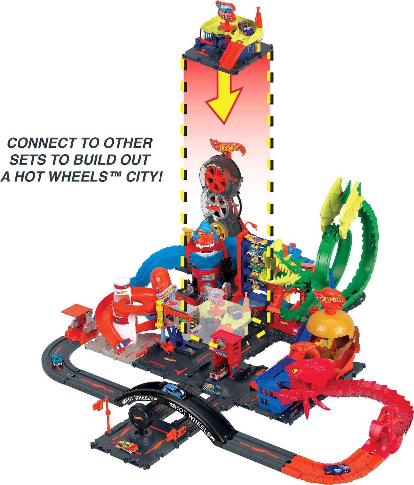 Hot Wheels City Downtown Express Car Wash playset with foam roller, drying flaps, and a 1:64 scale vehicle.
