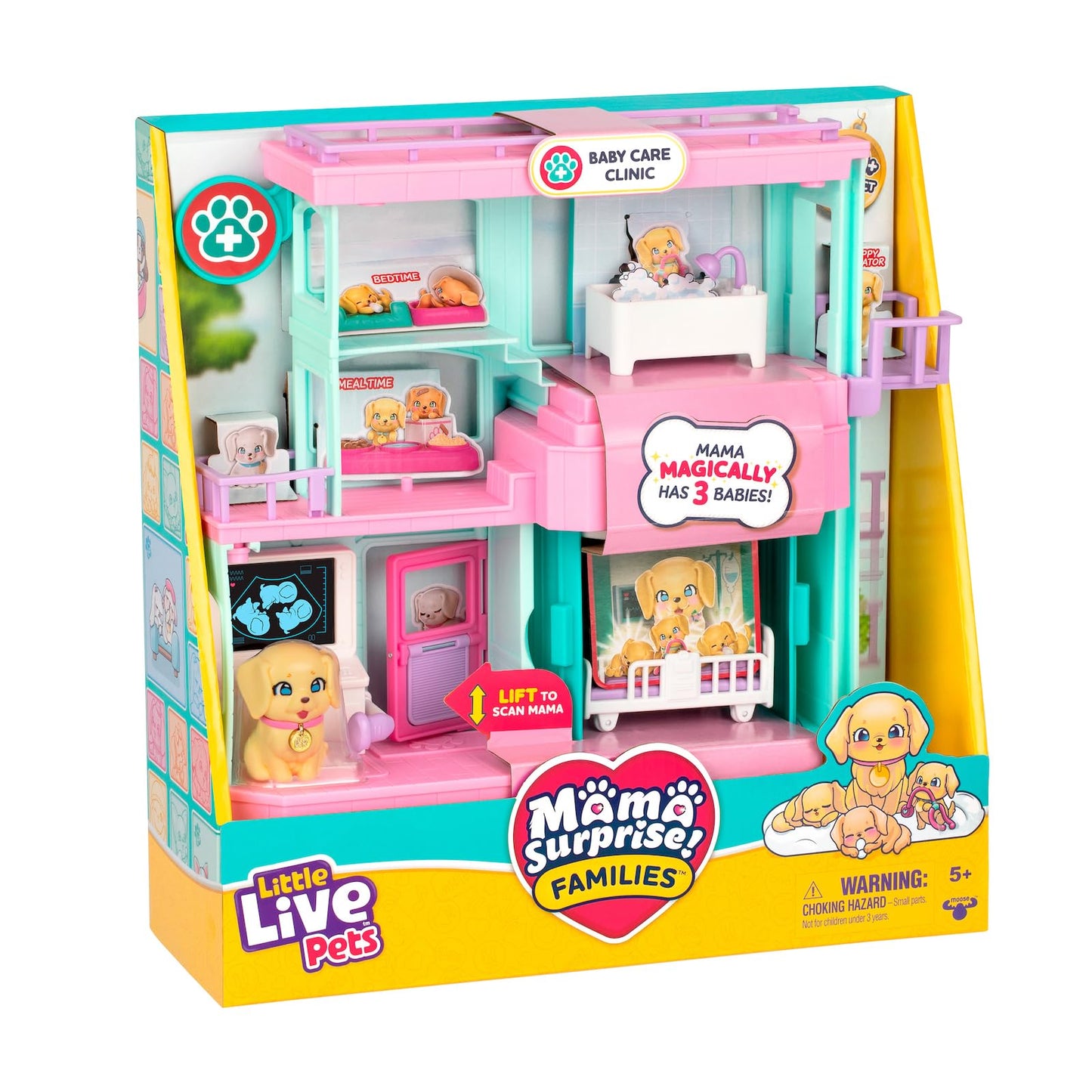Little Live Pets Mama Surprise Families Baby Care Clinic Playset, Magically Reveal 3 Retriever Puppies, 2-Sided Playset (27.8cm/10.9in Wide, 23.8cm/9.3in High). Feed, Bathe, & Play, Fun Gift for Kids