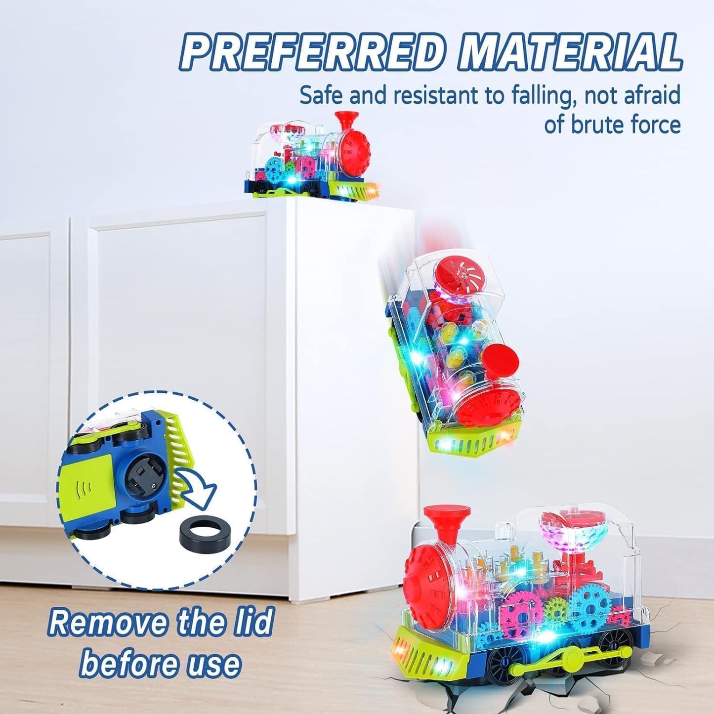 SWTOIPIG Gear Train Toy Light Up Music Electric Train Toy Transparent Rotating Mechanical Gear for Kids Educational Cartoon with Flashing Light Sound Music Locomotive