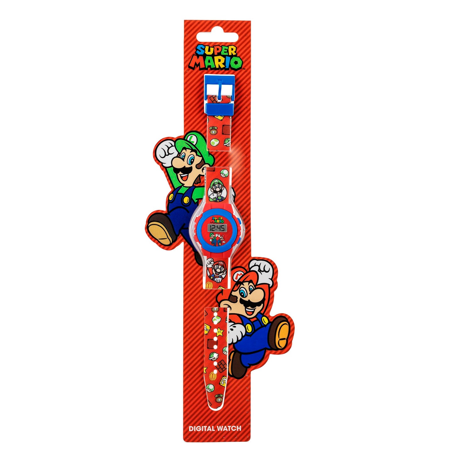 Super Mario digital watch in red with display and buttons, featuring Mario theme and branding, on a white background.
