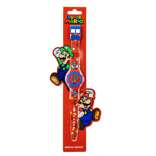 Super Mario digital watch in red with display and buttons, featuring Mario theme and branding, on a white background.