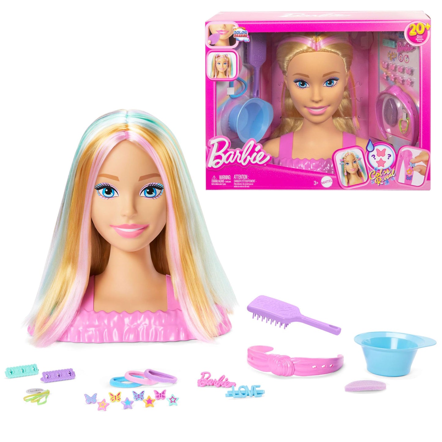 Barbie doll styling head with blonde hair, 20+ accessories including star and butterfly color change hair clips for creative styling.