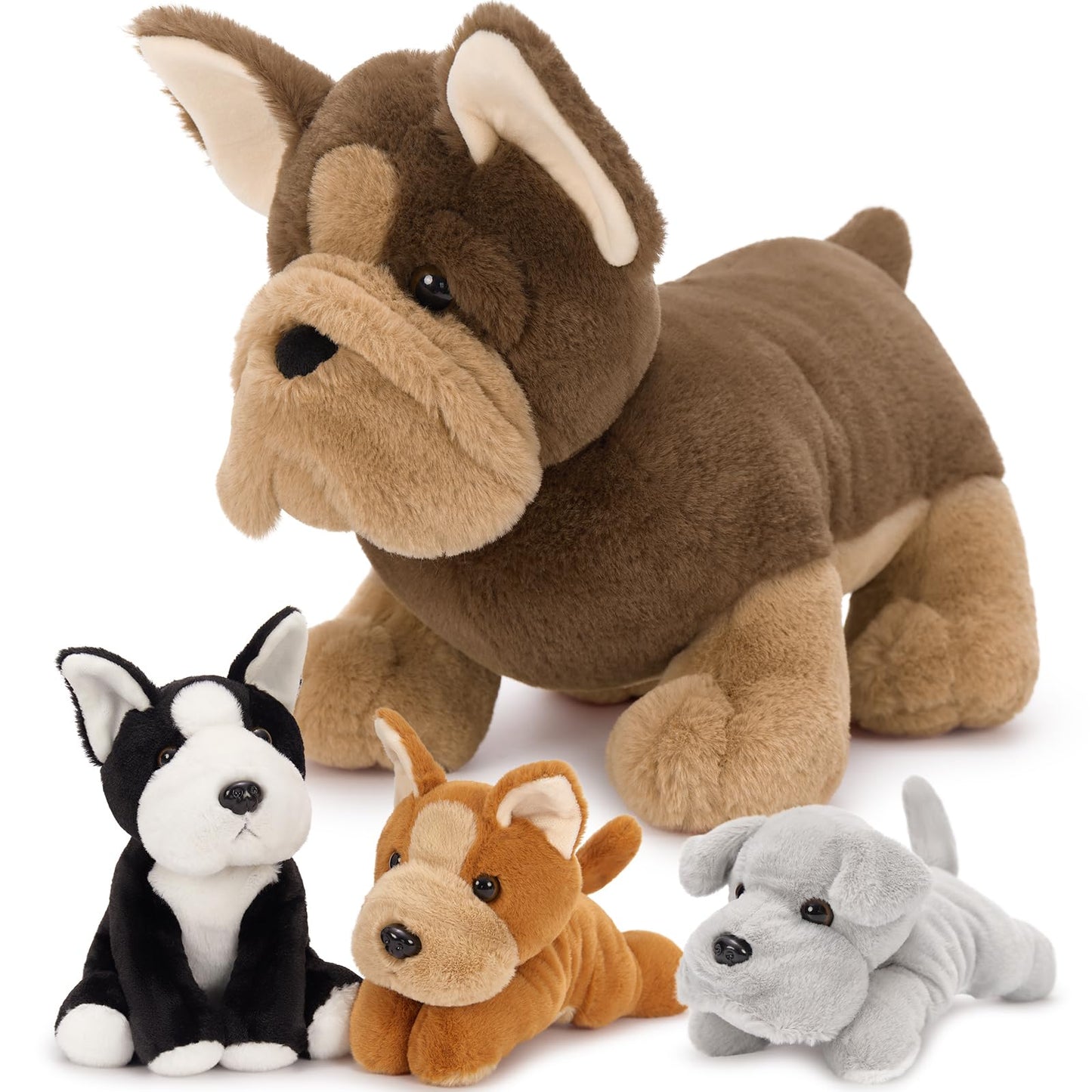 MorisMos Giant 45cm Dog Soft Toy with 3 Cuddly Puppies Baby Inside, Big Fluffly French Bulldog Plush, Realistic Kawaii Dog Teddy Gift for Kids Birthday Christmas Deco